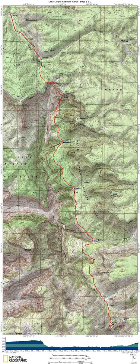 Crazy Jug to Phantom Ranch Map with Elevation Profile