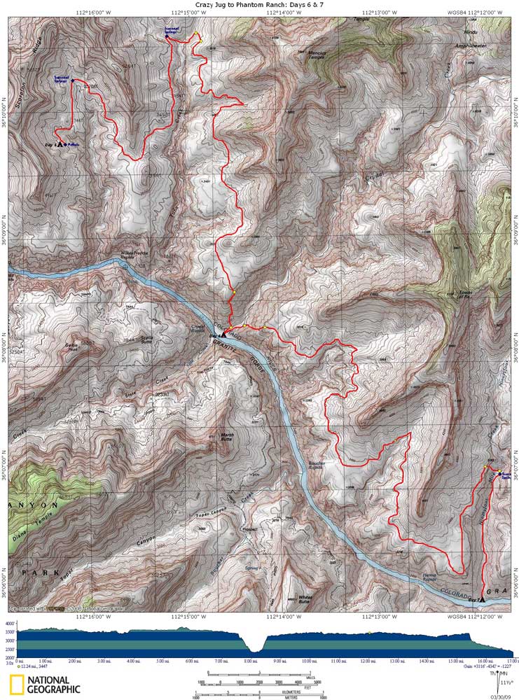 Crazy Jug to Phantom Ranch Map with Elevation Profile