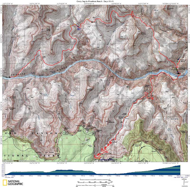 Crazy Jug to Phantom Ranch Map with Elevation Profile