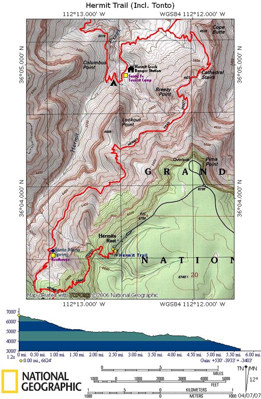 Map of Hermit Trail with Elevation Profile