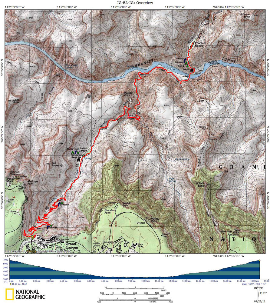 Map of The Indian Garden-Bright Angel Campground-Indian Garden Route with Elevation Profile