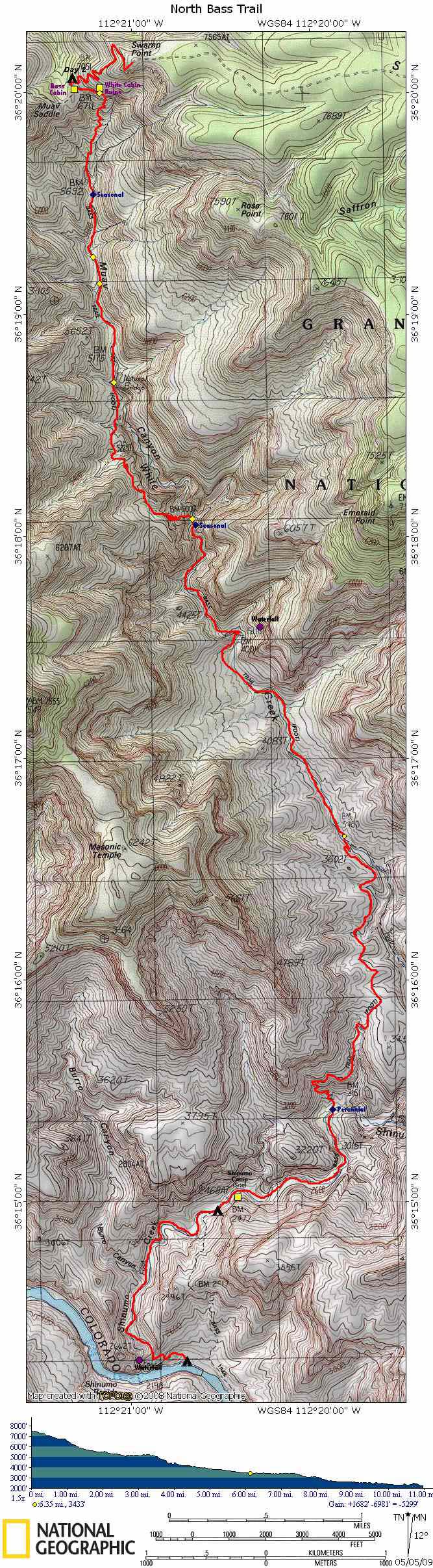 Map of North Bass Trail with Elevation Profile