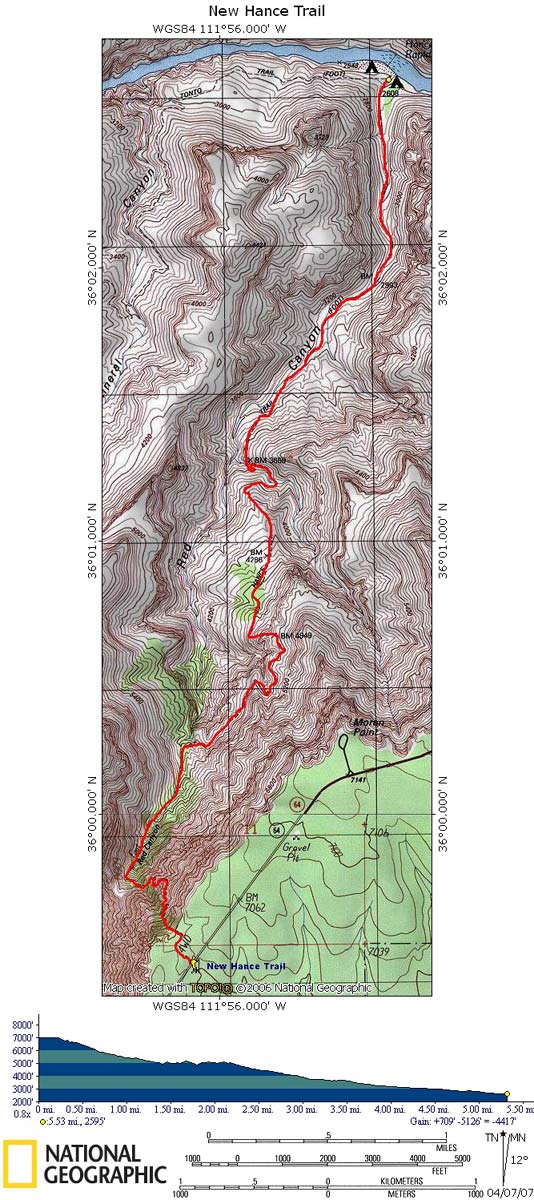 Map of New Hance Trail with Elevation Profile