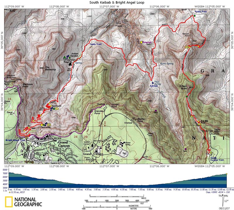 Map of South Kaibab & Bright Angel Loop with Elevation Profile