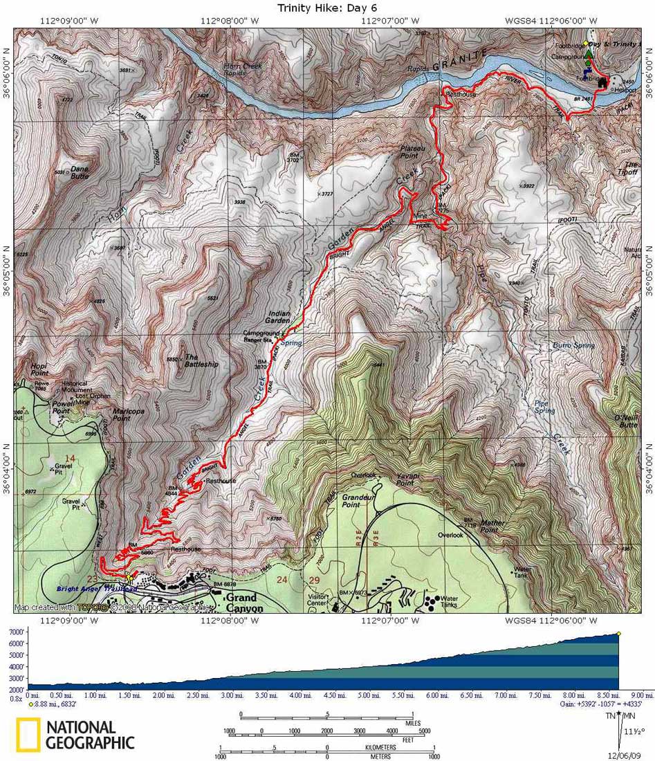 Phantom Ranch to Rim via Bright Angel Trail with Elevation Profile