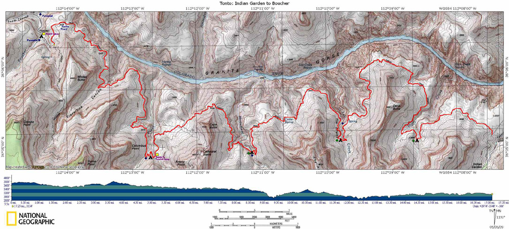 Map of Tonto Trail from Indian Garden to Boucher with Elevation Profile