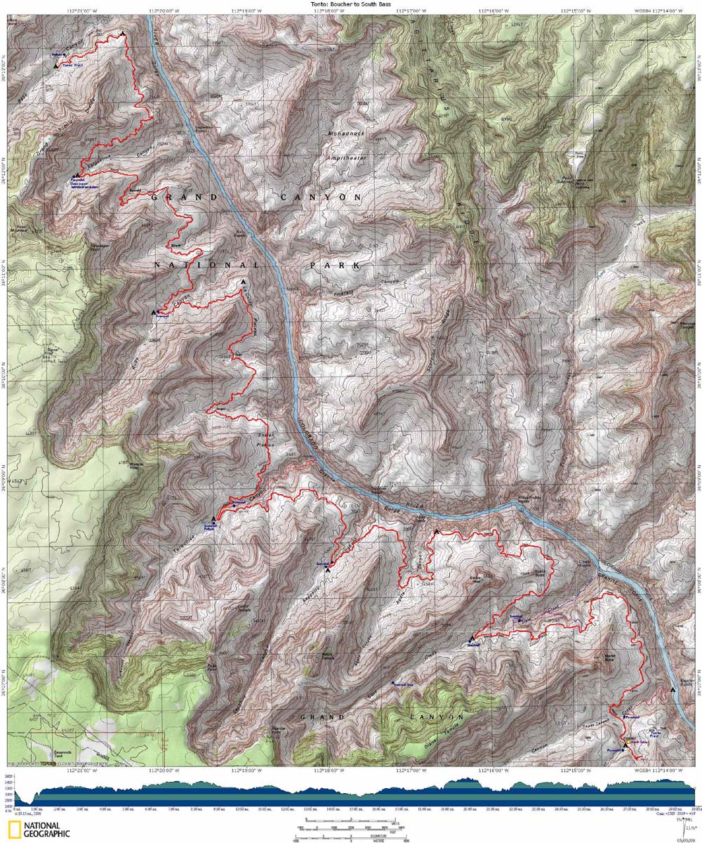 Map of Tonto Trail from Boucher to South Bass with Elevation Profile