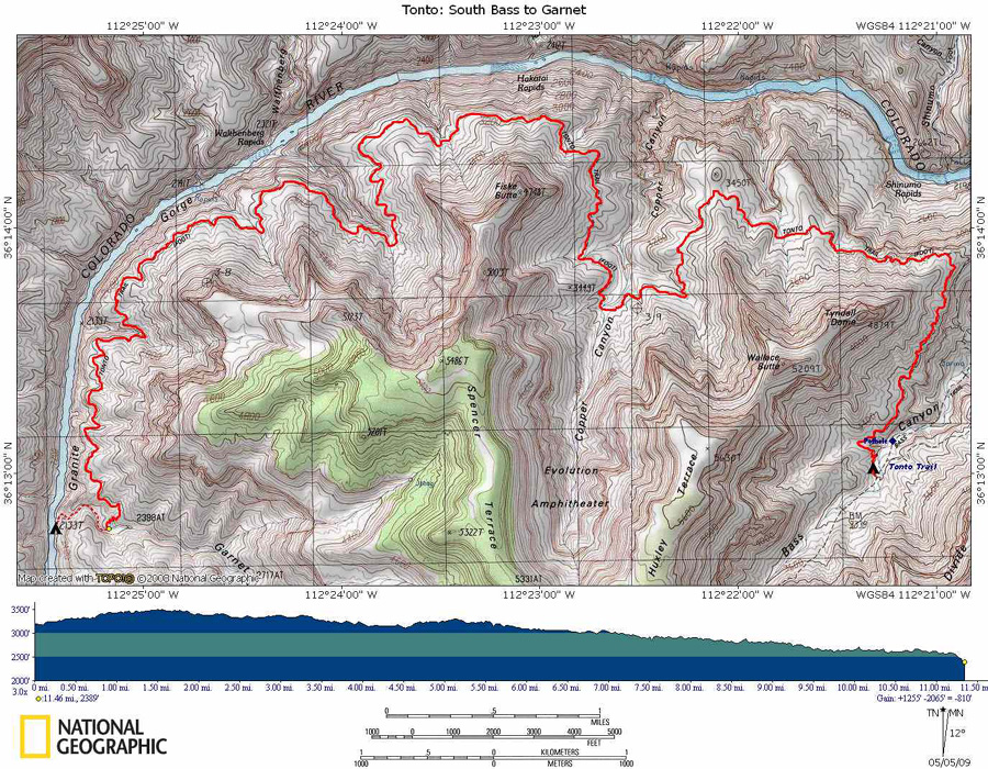 Map of Tonto Trail from South Bass to Garnet Canyon with Elevation Profile