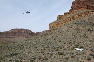 The helicopter approaches for a landing on the Tonto