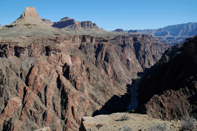 A rare view of the Colorado from the Tonto trail, looking upstream toward Newberry Butte and the Palisades of the Desert