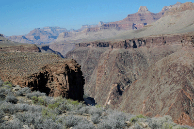 Looking the other direction, smoke from a prescribed burn on the north rim fills Bright Angel Canyon and produces a hazy view downstream