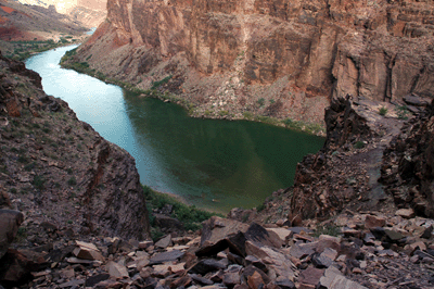 The view downstream from the top of the Papago rock slide. The Escalante route is seen right of center passing inside the large knob of schist