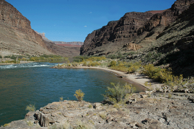 Escalante Beach, a great place for lunch, with the Basalt Cliffs peaking into view on the left