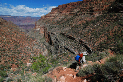 Chris Forsyth approaches the Redwall descent at the head of Bass Canyon