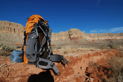 Bill's pack setup on a shelf in Hack Canyon Creek