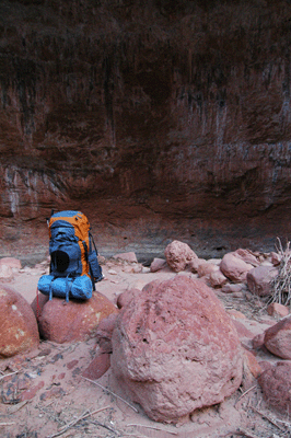 Bill's pack on a rock at the campsite in lower Jumpup Canyon