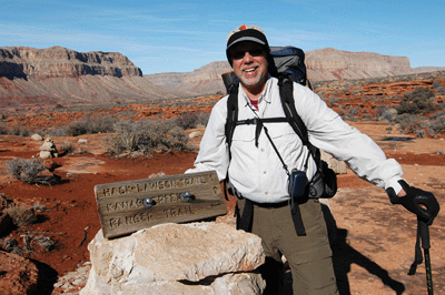 Dennis standing at the signed junction of Lawson-Hack and the Ranger trail