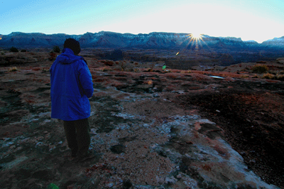 Watching sunrise over Fishtail Mesa