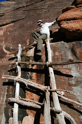 Climbing down the makeshift ladder