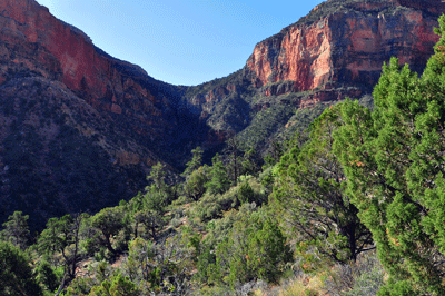 The route through the Redwall connecting Lava Creek Canyon to Unkar Creek Canyon