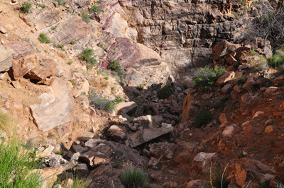 A Tapeats pouroff in north Unkar is bypassed on the left using this drainage to re-enter the main creek bed