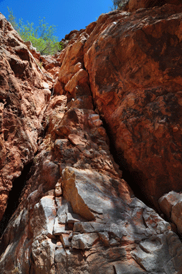 Looking back through a downclimb in upper Vishnu Creek Canyon