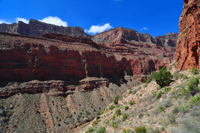 Rounding a Temple Butte formation shelf into a minor drainage in Vishnu