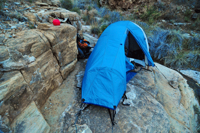 My Mountain Hardware Sprite I solo backpacking tent set up at the Vishnu pouroff camp site