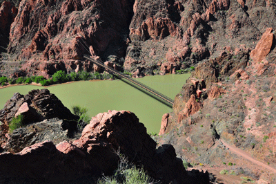 The South Kaibab trail meets the Black Bridge at the Colorado River