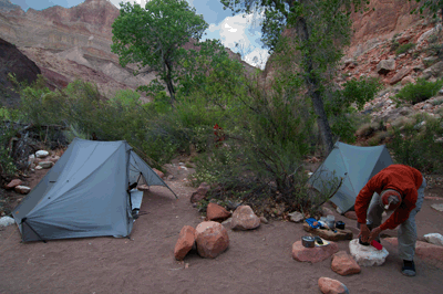 Our camp site in Nankoweap Creek. Rob's Tarptent Notch is behind him. My Tarptent StratoSpire 1 is on the left.