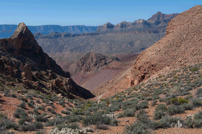 Looking into the east arm of Carbon with several buttes and temples visible in the distance