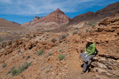 A river guide waits for her group along the Carbon/Lava trail