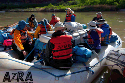 An AZRA raft prepares to depart Lava beach on the morning of Day Five