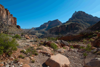 Walking down the main arm of Unkar, looking for water and a place to camp late on Day Six