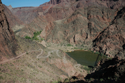 The South Kaibab winding its way toward the Colorado with Bright Angel campground visible in the distance