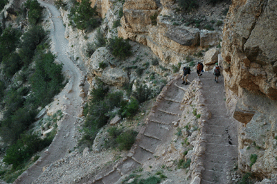 Three backpackers on their way to Phantom Ranch