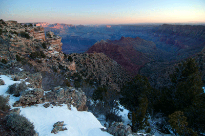 Upper Tanner trail was still blanketed by snow as we started down trail to begin our hike to the Colorado River in Grand Canyon