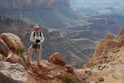 Dennis looking south during a break in the route-finding around Cardenas Butte