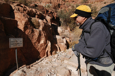 Pausing at the halfway point along the South Kaibab Trail