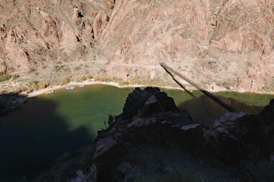 A view of the Black Bridge with rafts at the Boat Beach