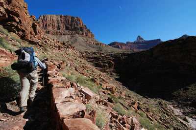 Dennis follows the Clear Creek Trail through the Tapeats toward Sumner Butte and Zoroaster Temple